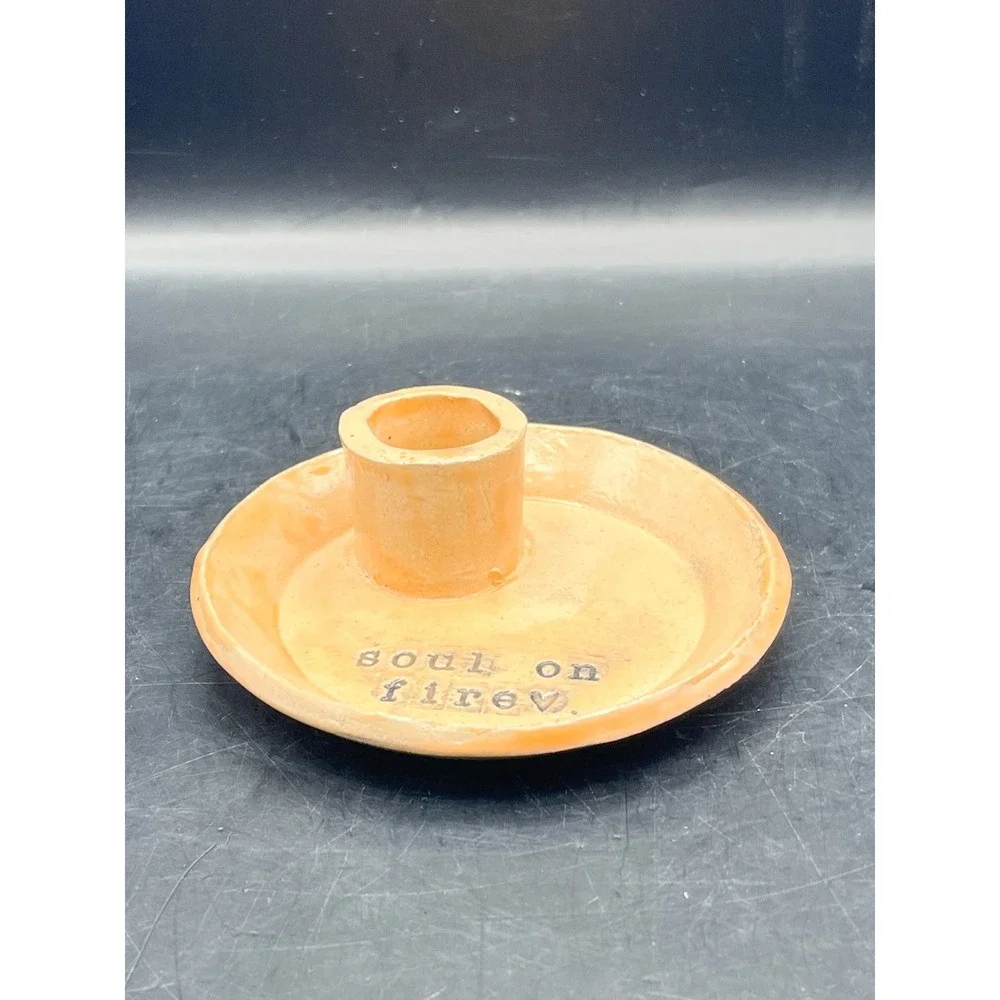 Handmade Art Pottery Taper Candle Holder 'Soul On Fire' Art Signed Emily 2024 4